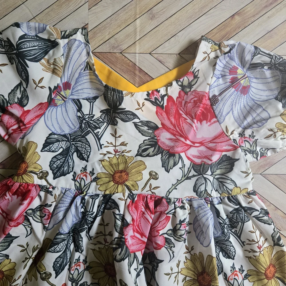 Vintage-Inspired Floral Girl's Dress Boho Garden Party Puff Sleeve Sundress 5-6Y